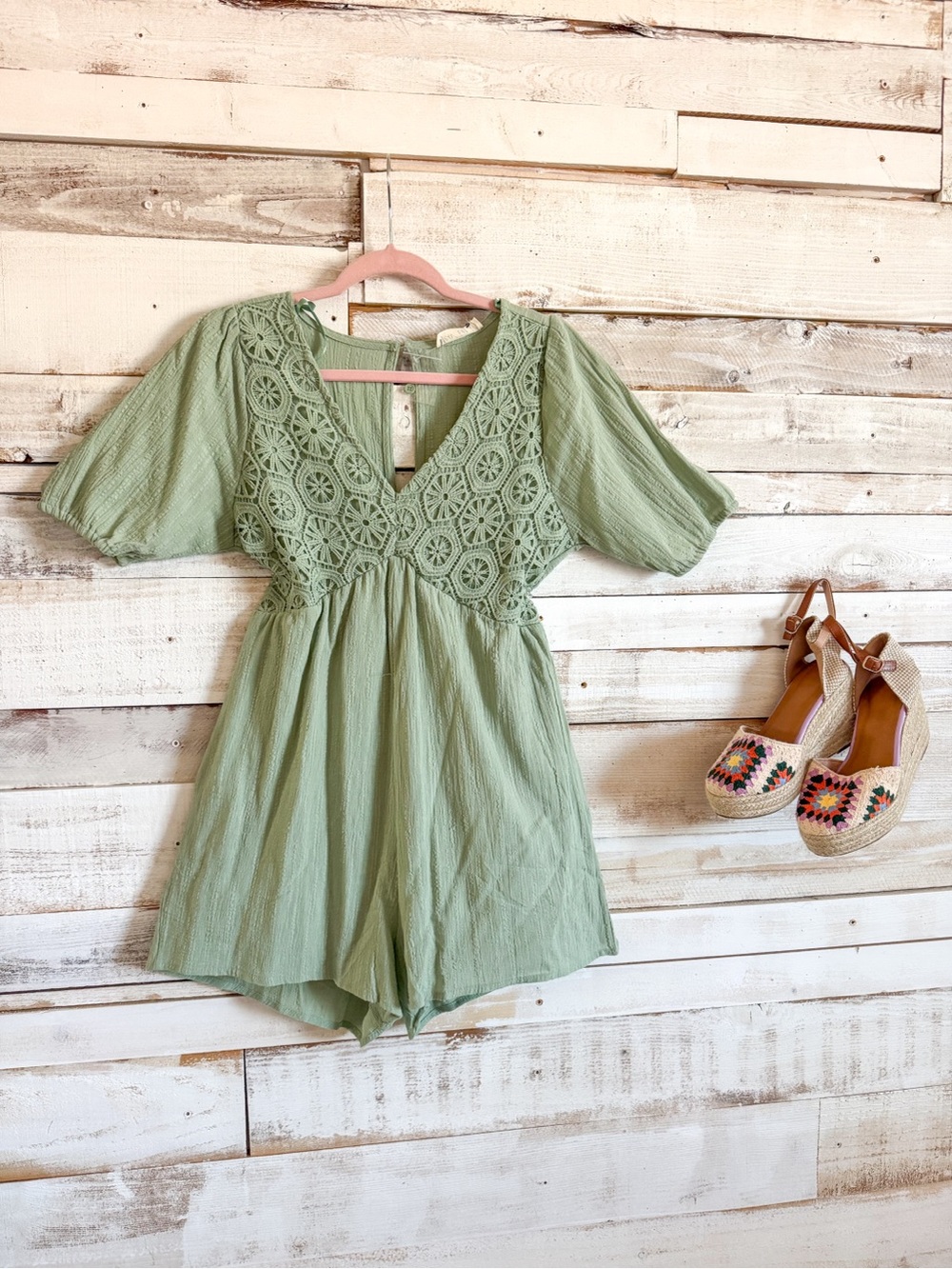 Sage Green Crochet Romper